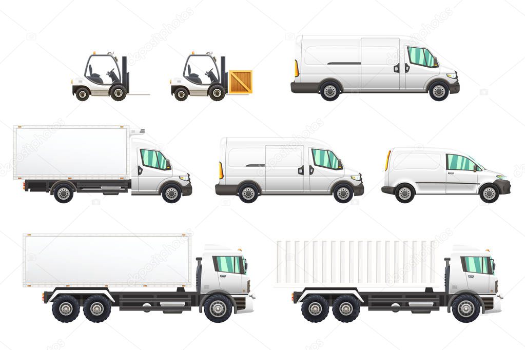Set of delivery and transportation vehicles illustrations isolated on white background.
