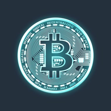 Bitcoin neon yazı tura. Vektör izole eps10 çizim.
