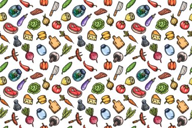 Elle çizilmiş karikatür seamless modeli yemek ve mutfak şeyler.