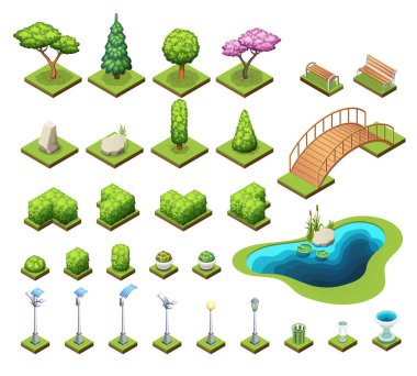 İzometrik park Oluşturucu küme. İzole vektör çizimler.
