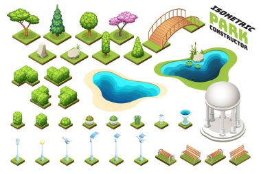 İzometrik park Oluşturucu küme. İzole vektör çizimler.