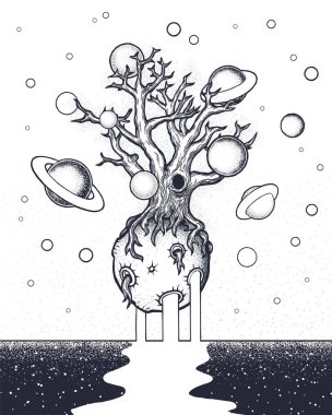 El çekilmiş soyut gizem ağaç derin uzayda aya.