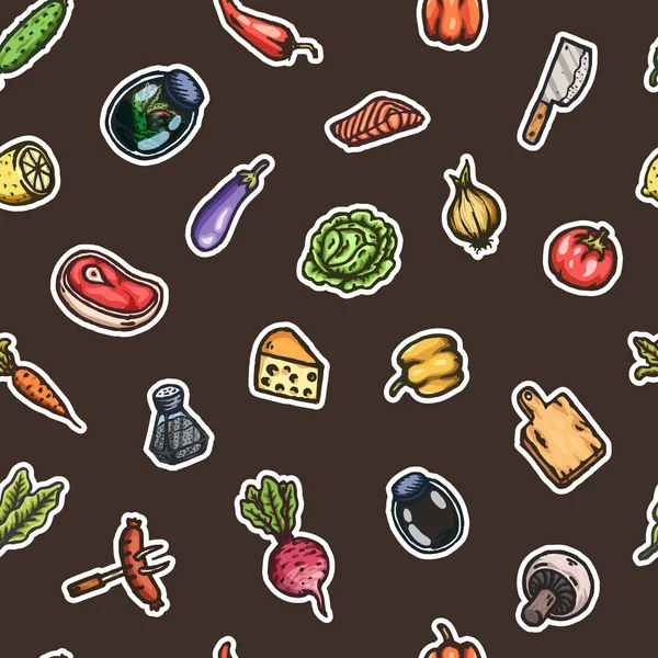 食品及び食器類の手描き下ろし漫画シームレス パターン. — ストックベクタ