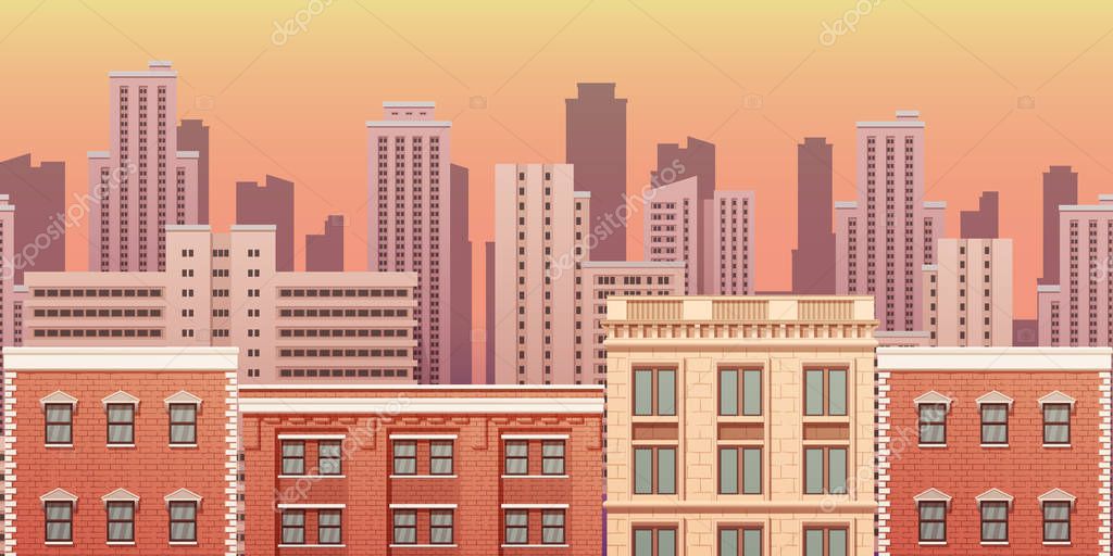 City urban landscape at sunset vector background illustration.