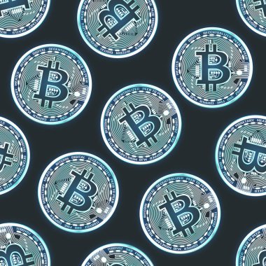Bitcoin neon parlayan sorunsuz arka plan bozuk paralar. Vektör çizim.