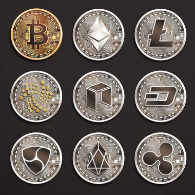 Cryptocurrencies kavramsal kümesi. Vektör izole eps10 çizim.