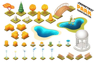 İzometrik park Oluşturucu küme. İzole vektör çizimler.