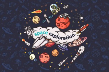 Doodles'ın vektör eps10 illüstrasyon kavramı kümesi astronomi.
