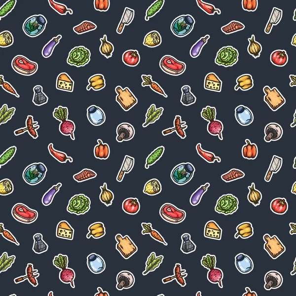 手は食品及び食器類のシームレスなパターンを描かれた漫画 分離されたベクトルのイラスト — ストックベクタ