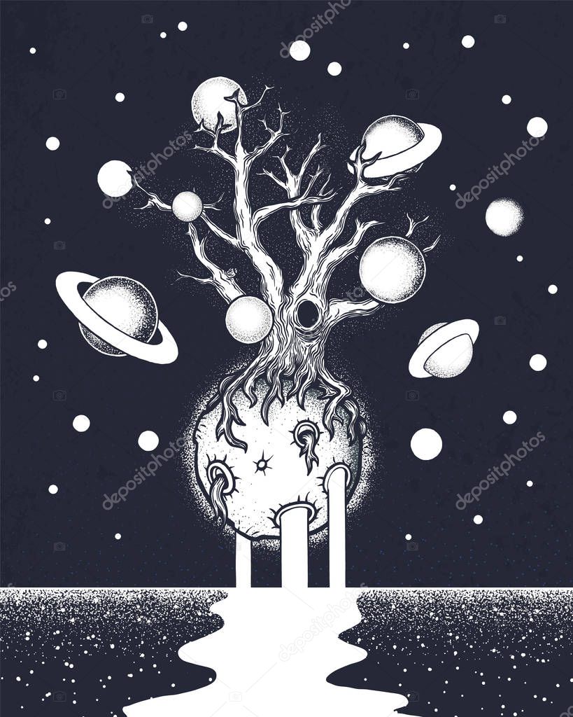 Hand drawn abstract mystery tree on the moon in deep space.