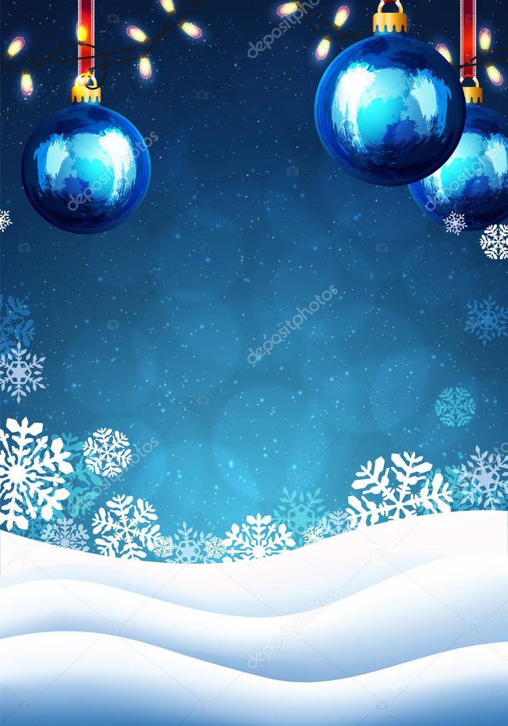 Christmas background with snowflakes and lights of Christmas tree on blue background.