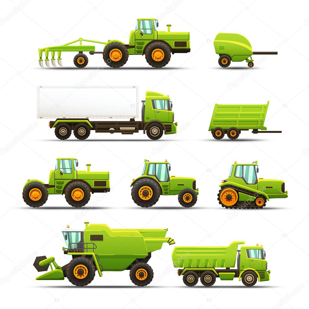 Vector isolated illustrations set of agricultural machinery.
