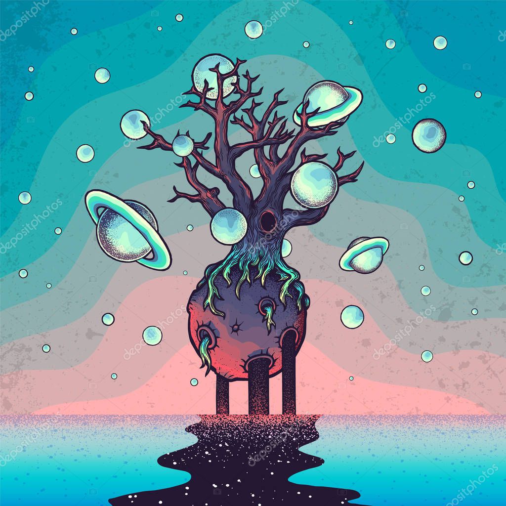 Hand drawn abstract mystery tree on the moon in deep space. Sign for tatoo, t-shirt and posters printing.
