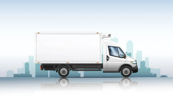 Vektor-Illustration eines realistischen Lieferwagens auf einem Stadthintergrund. — Stockvektor