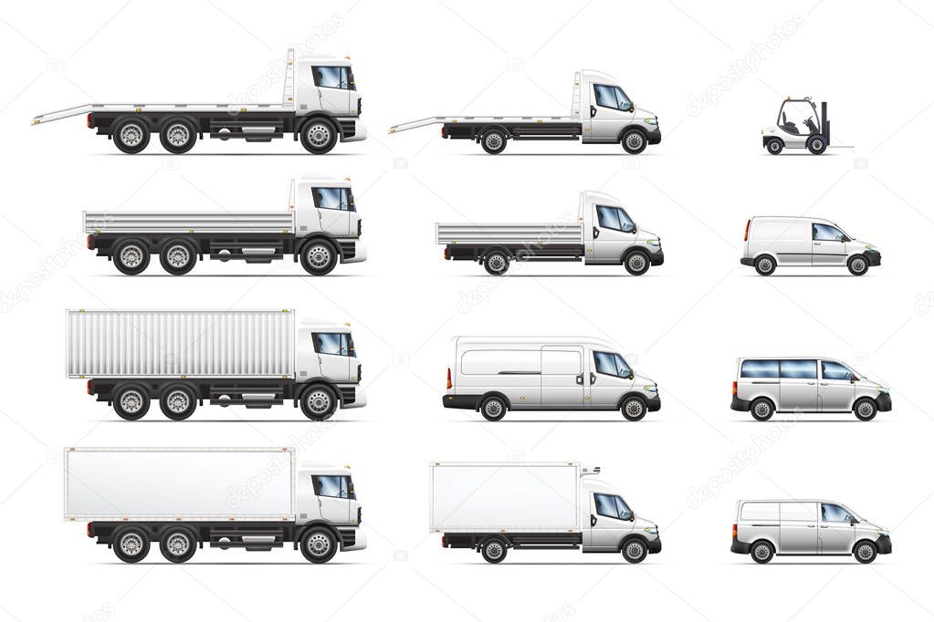 Vector isolated illustrations set of commercial transportation and delivery trucks.