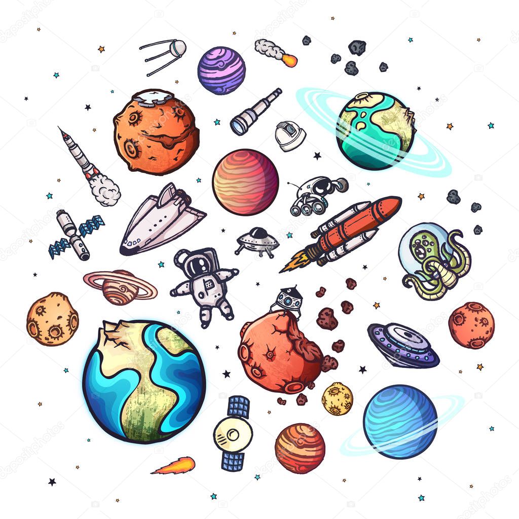 Astronomy set of doodles vector eps10 illustration concept.