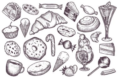 Farklı tatlılar seti. El çizimi vektör çizimi.