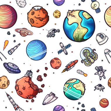 Elle çizilmiş vektör astronomi doodle seamless modeli.