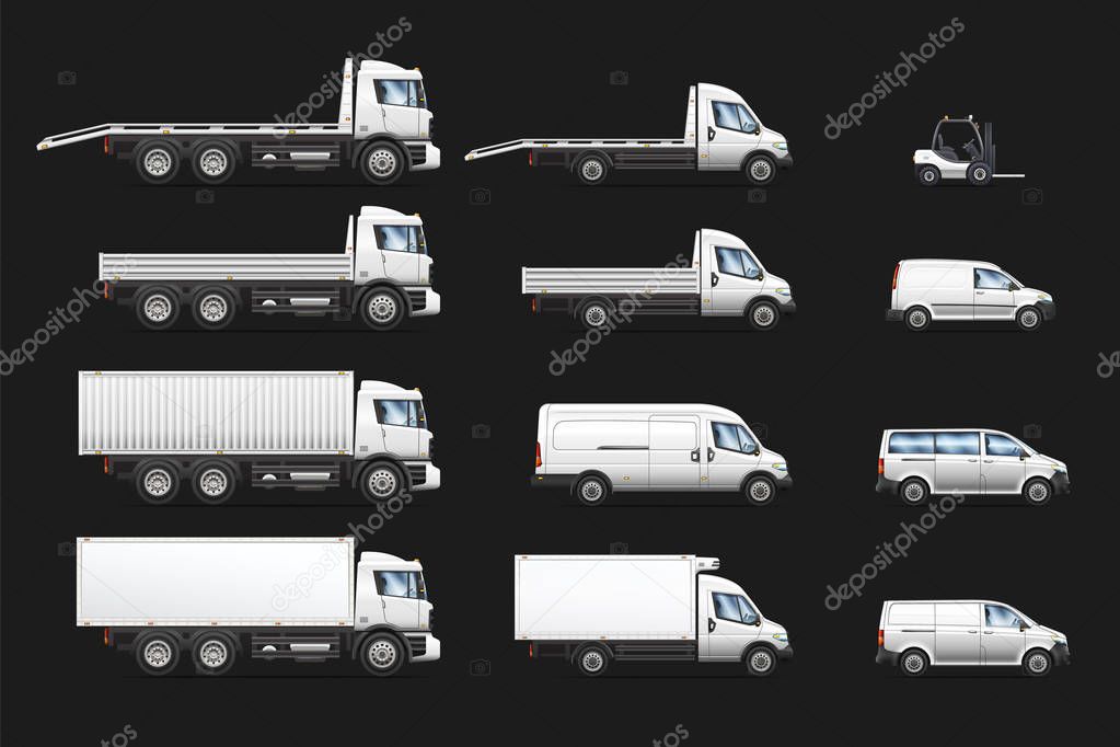 Vector isolated illustrations set of commercial transportation and delivery trucks.