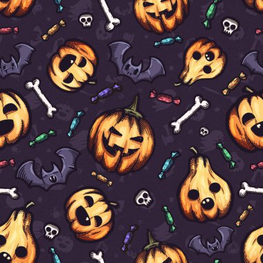 Karikatür doodle ile Halloween elle çizilmiş vektör sorunsuz desen.