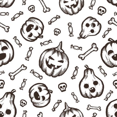 Karikatür doodle ile Halloween elle çizilmiş vektör sorunsuz desen.