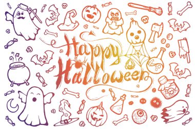 Birçok Cadılar Bayramı karikatür doodle el çizilmiş seti.