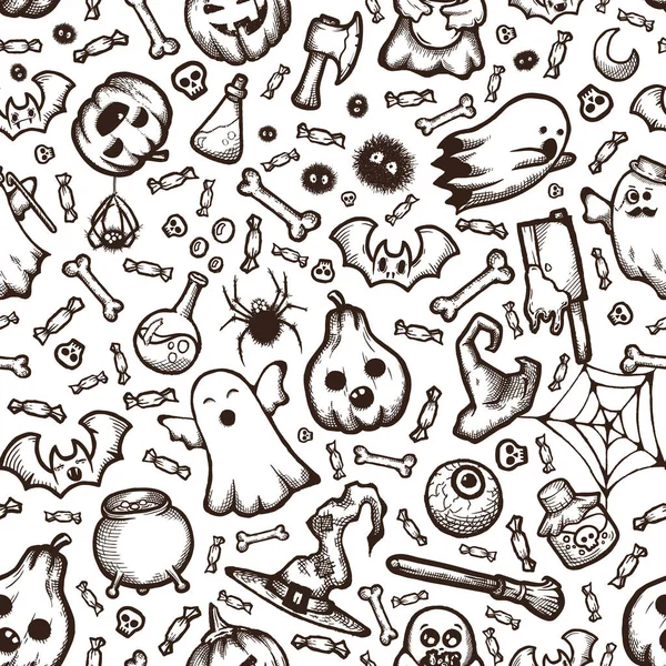 Halloween handritade vektor sömlösa mönster med tecknade doodles. — Stock vektor