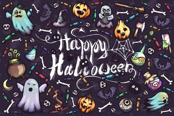 Handritade uppsättning av många Halloween tecknad doodles. — Stock vektor