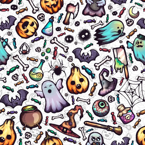 Halloween dibujado a mano patrón sin costura vector con garabatos de dibujos animados . Vectores de stock libres de derechos