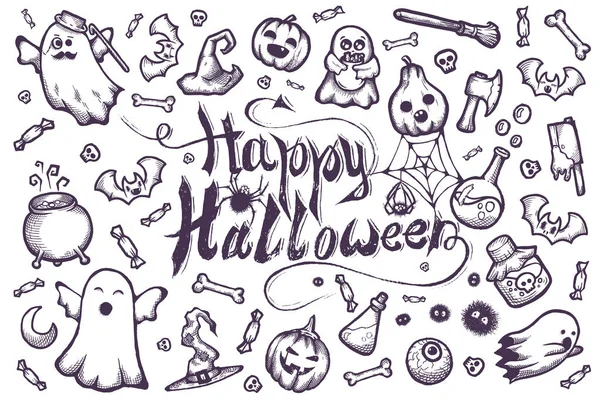Set disegnato a mano di molti scarabocchi del cartone animato di Halloween . Illustrazioni Stock Royalty Free