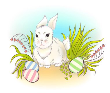 Mavi gökyüzü ile yeşil çim yumurtalı Paskalya tavşanı. Beyaz sevimli tavşan. Beyaz bir arka plan üzerinde izole. Vektör çizim Eps 10.