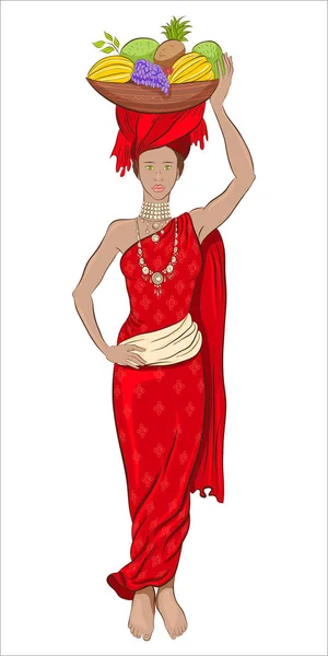 Красивая Молодая Африканка Красном Платье Женщина Носит Корзину Фруктами Голове — стоковый вектор