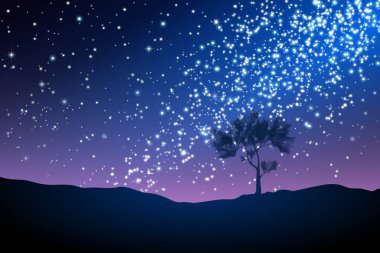 Gece manzara ile yıldızların altında yalnız ağaç. Samanyolu. Çöl gece. Güzel gece gökyüzünde yıldızlar ile. Vektör çizim. EPS 10.