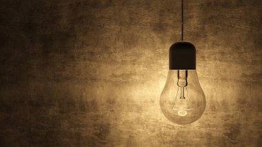 Lamba ampul beton zemin üzerine. Lamba yanar. Karanlık odada ampul asmak. Metniniz için bir yer var. 3D render.