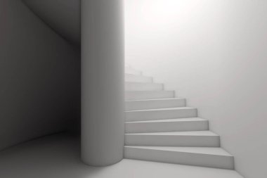 Beyaz spiral merdivenler. Soyut iç. 3D render.