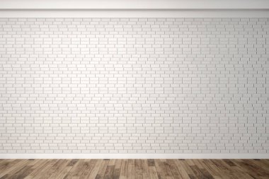 Boş beyaz tuğla duvar ile parke zemin. İç boş oda. Yatay arka plan