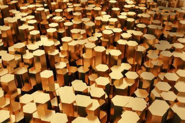 Altın soyut lüks arka plan. Şekiller altın. Geometrik Çokgen nesneler. Altıgen sütunlar. 3D render illüstrasyon. Yüksek çözünürlük.