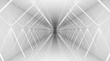 Beyaz parlak çizgiler tarafından aydınlatılmış basit beyaz koridor. Modern oda resimde perspektif. 3D render. Yüksek çözünürlük.