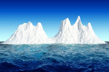 Büyük buzdağı mavi soğuk su ile çevrili. Antarktika manzara. 3D render illüstrasyon. Yüksek çözünürlük.
