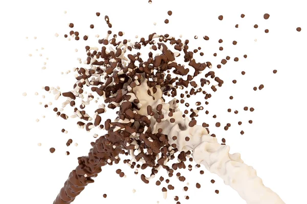 Splash Chocolate Milk Liquid Chocolate Two Streams Merge Together Isolated — Stock Photo, Image