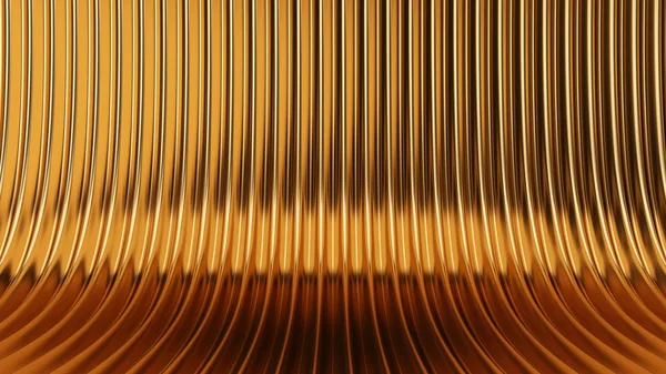 Golden glossy metallic surface with curved lines. Metal, plastic or silk background. 3d rendering. High resolution.