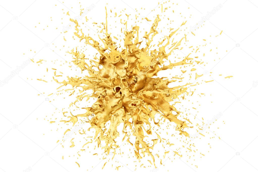 Splash of gold. Isolated on a white background. Golden paint or gel splash illustration. 3d rendering. High resolution.