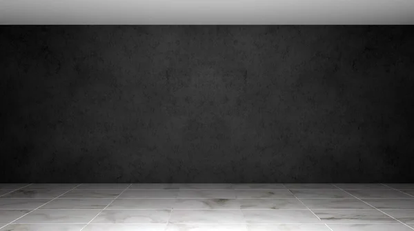 Dark concrete wall and white marble tiles floor. Empty room. Modern interior background. 3d illustration.