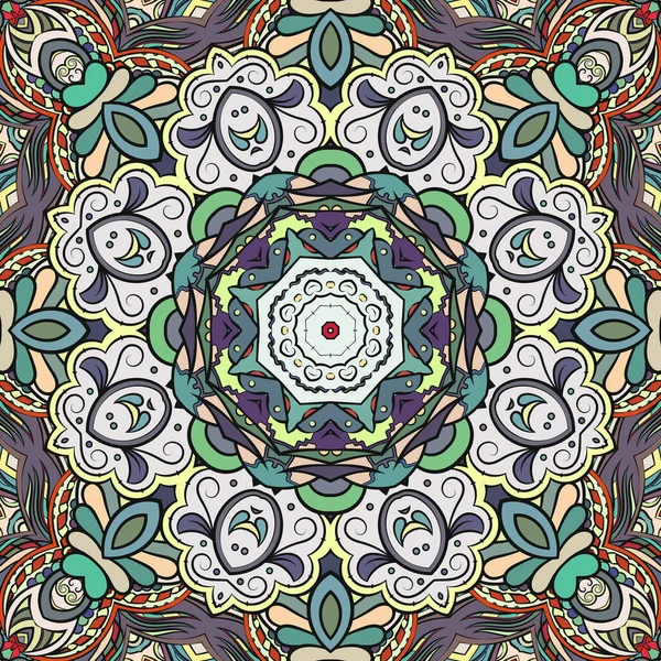 Naadloze tracering tegel mehndi ontwerp. Etnische ornament, kleurrijke doodle symmetrie textuur. Folk traditionele spirituele tribale ontwerp. Gebogen krabbelmotief. Kleurenkunst. Vector — Stockvector