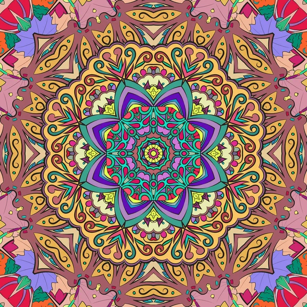 Teja tracery sin costuras mehndi diseño. Adorno étnico, textura de simetría de garabatos coloridos. Folk diseño tribal espiritual tradicional. Motivo de garabato curvado. Arte a color. Vector — Vector de stock