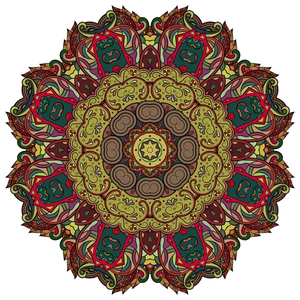 Mandala, spårvagnshjul mehndi design. Etnisk prydnad, färgglada doodle symmetri konsistens. Folklig traditionell andlig stamdesign. Böjd form, isolerad på vitt. Färgkonst. Vektor — Stock vektor