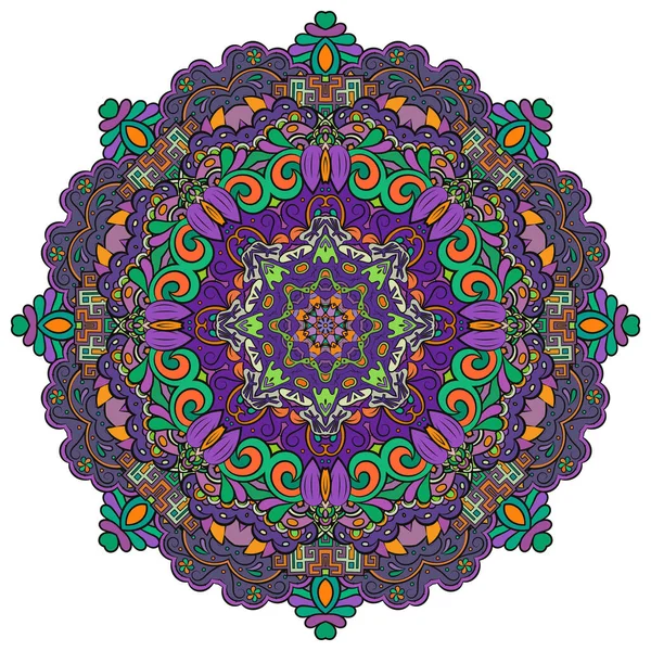 Mandala, nyomjelző kerék mehndi design. Etnikai dísz, színes firka szimmetria textúra. Népi hagyományos spirituális törzsi tervezés. Hajlított forma, fehér alapon elszigetelve. Színes művészet. Vektor — Stock Vector