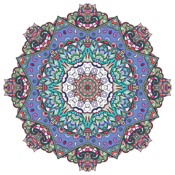 Mandala, rueda de tracería diseño mehndi. Adorno étnico, textura de simetría de garabatos coloridos. Folk diseño tribal espiritual tradicional. Forma curvada, aislada en blanco. Arte a color. Vector — Archivo Imágenes Vectoriales