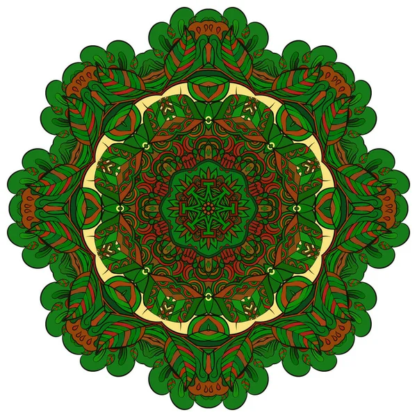 Mandala, rueda de tracería diseño mehndi. Adorno étnico, textura de simetría de garabatos coloridos. Folk diseño tribal espiritual tradicional. Forma curvada, aislada en blanco. Arte a color. Vector — Vector de stock