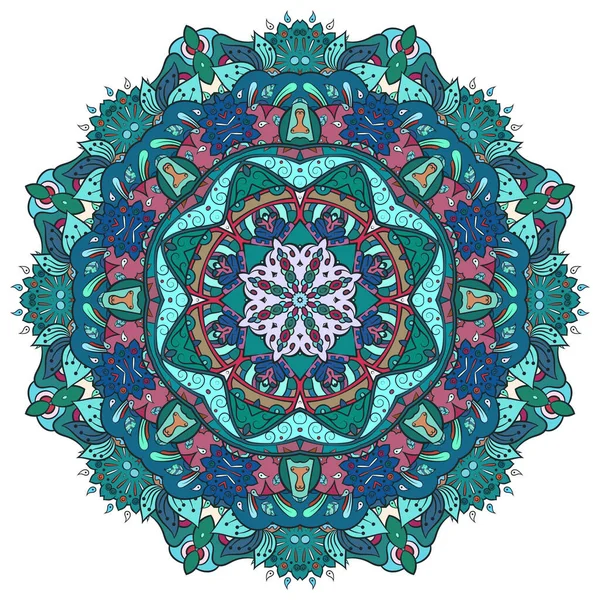 Mandala, rueda de tracería diseño mehndi. Adorno étnico, textura de simetría de garabatos coloridos. Folk diseño tribal espiritual tradicional. Forma curvada, aislada en blanco. Arte a color. Vector — Vector de stock